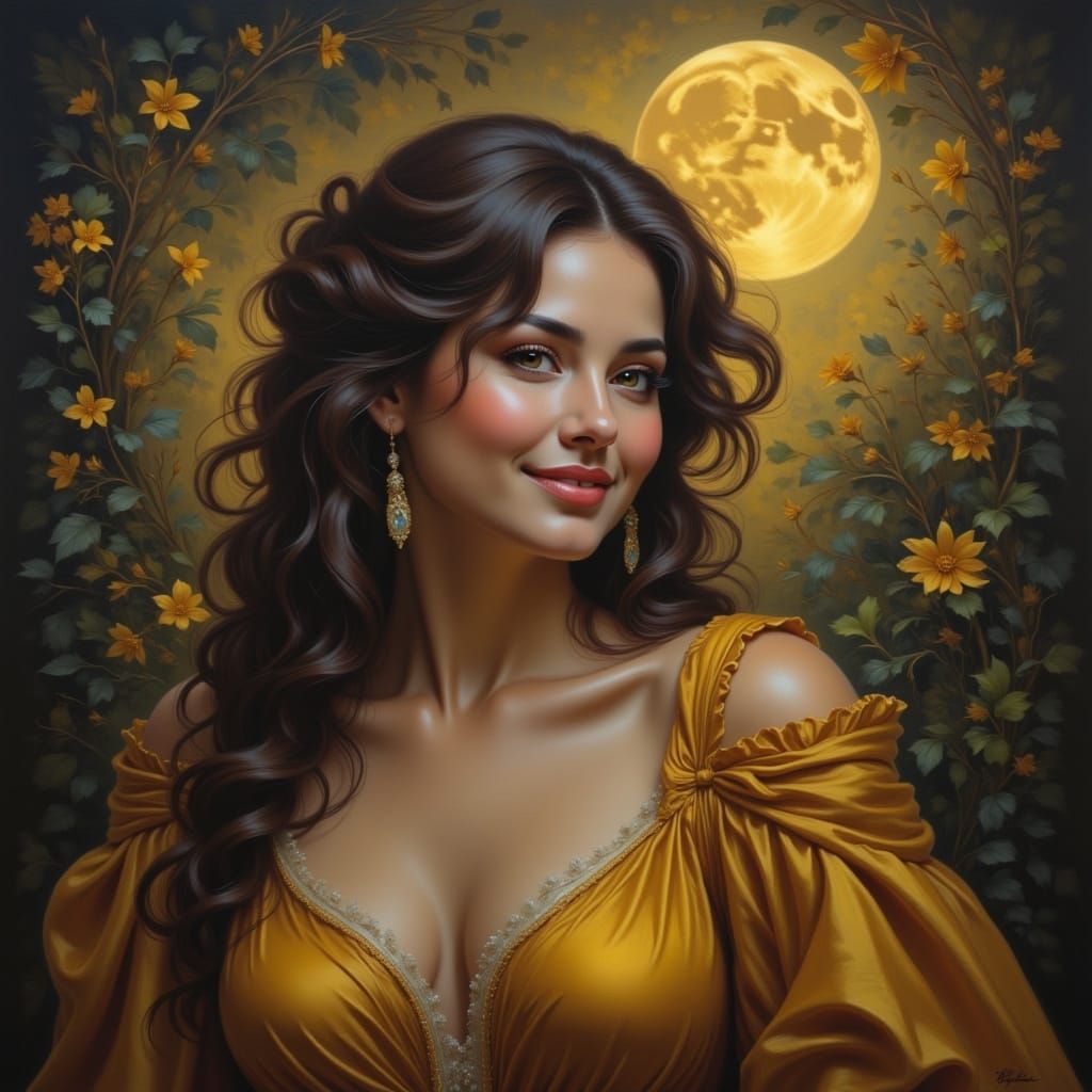 Elegant Woman in Moonlight, Neoclassical Oil Painting