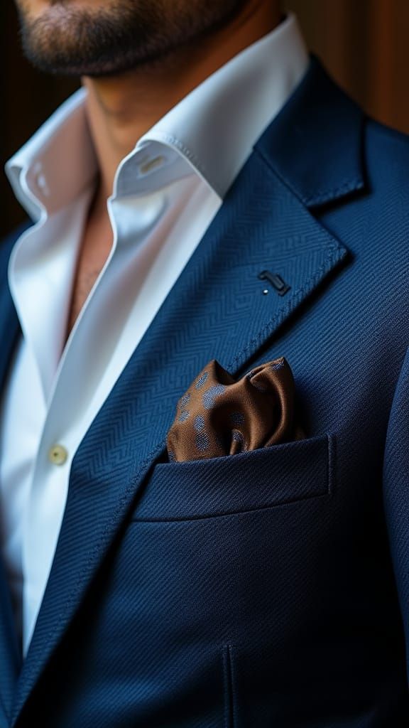 Elegant Man in Blue Herringbone Suit: Hyper-Realistic Close-...