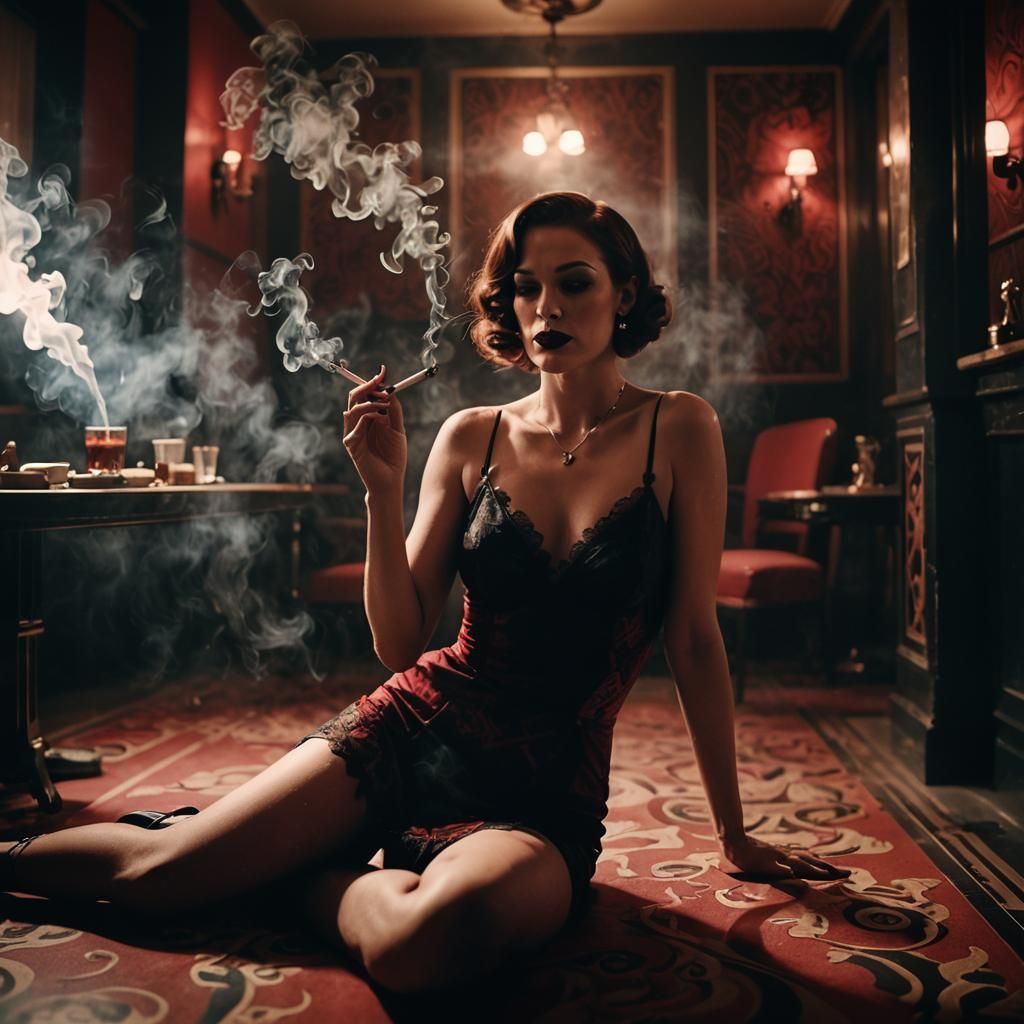 Film Noir: Woman Smoking in Decadent Art Deco Setting