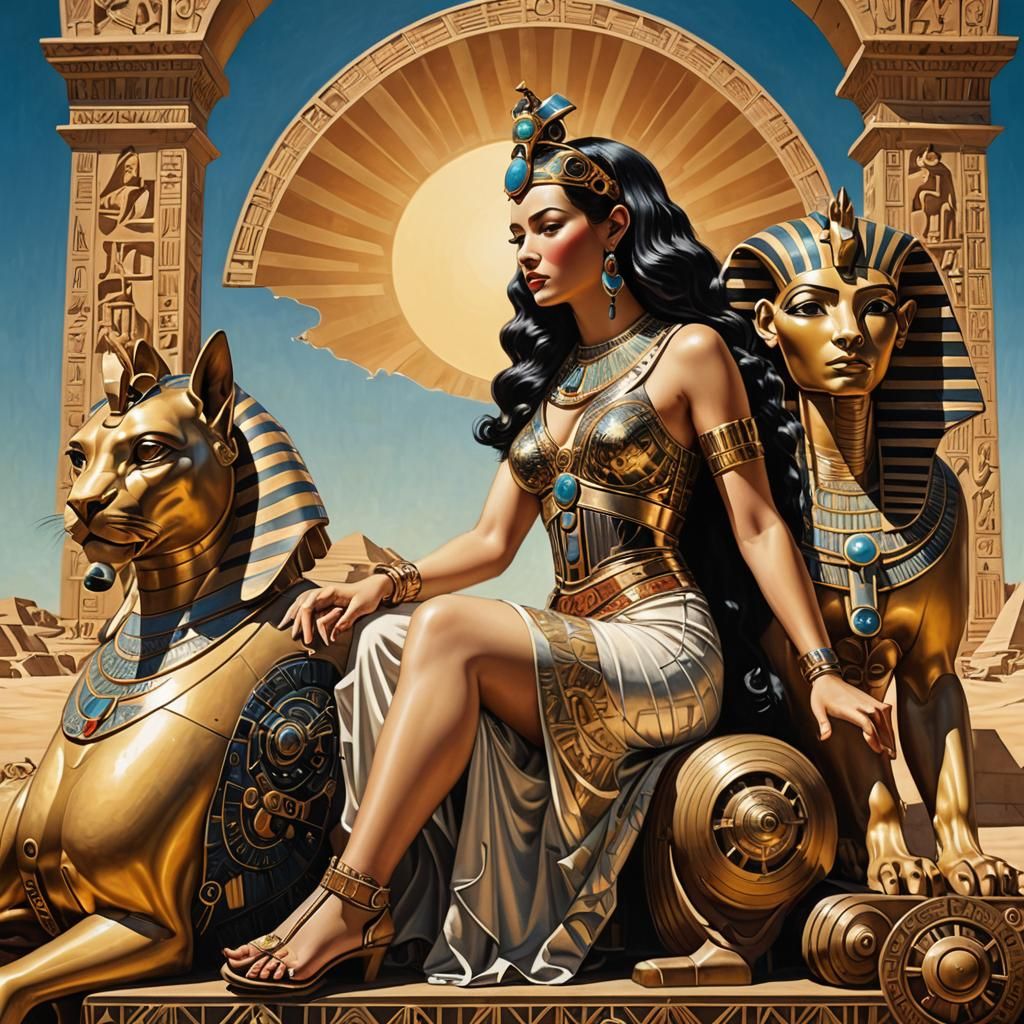 Cosmonaut on Robotic Sphinx in Steampunk Style