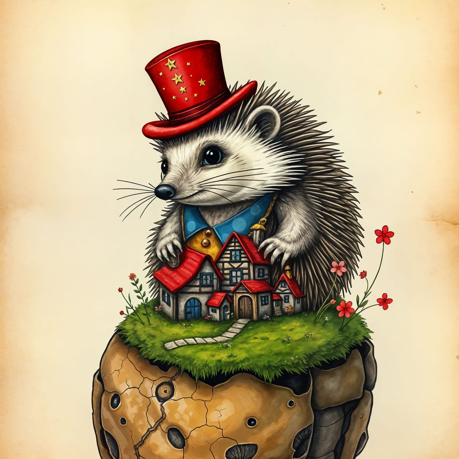 Hedgehog with Fairy Village: Whimsical Fantasy Art