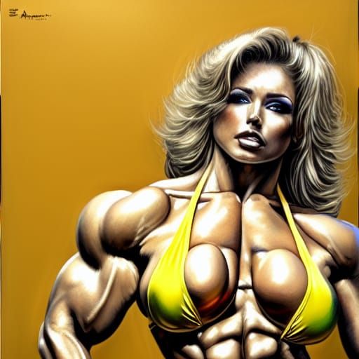 Anime Bodybuilder in Yellow Bikini, Detailed Digital Art