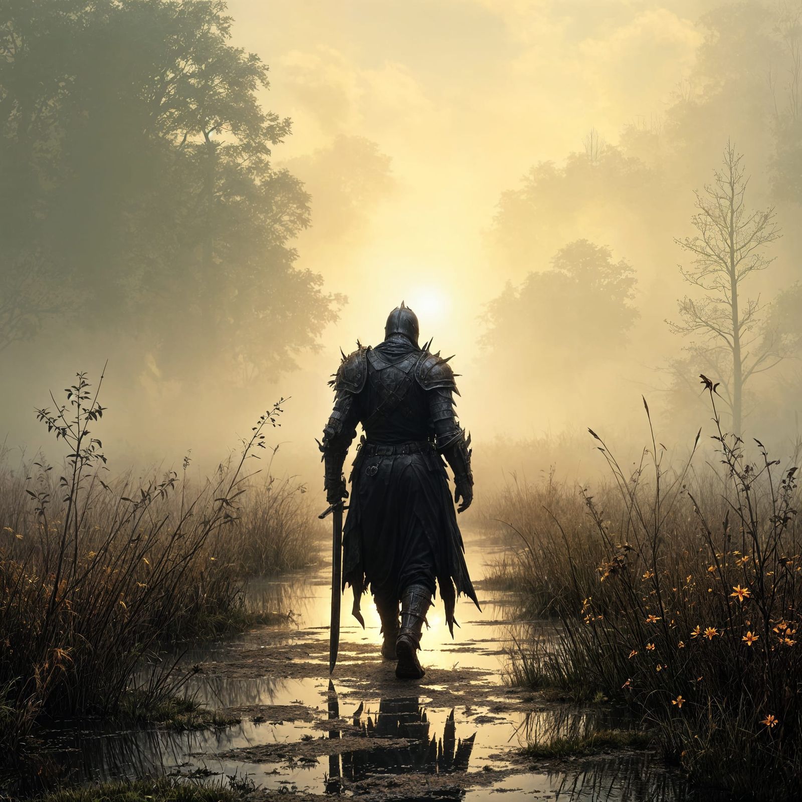 Dark Knight Emerges from Morning Mist