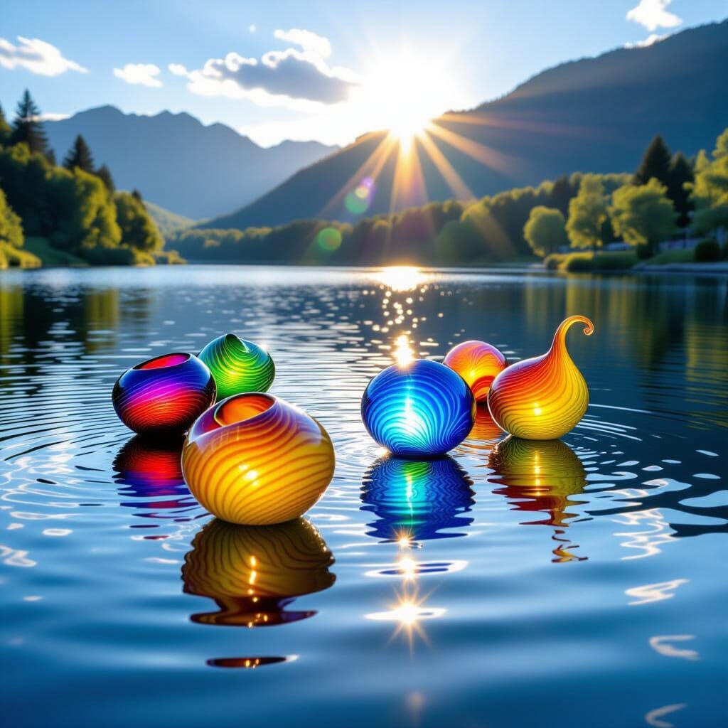 Chihuly Glass Sculptures on a Serene Lake