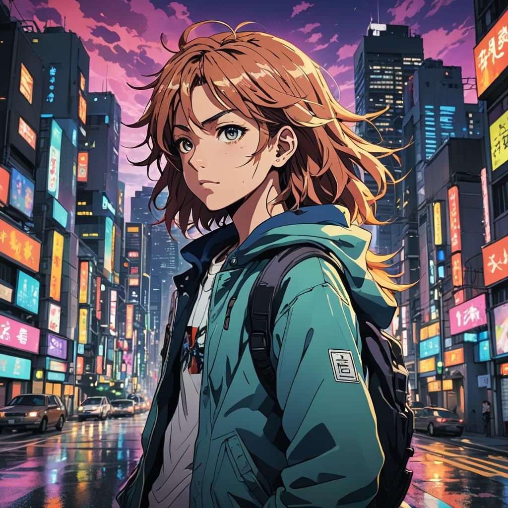 Defiant Teenager in Anime Cityscape
