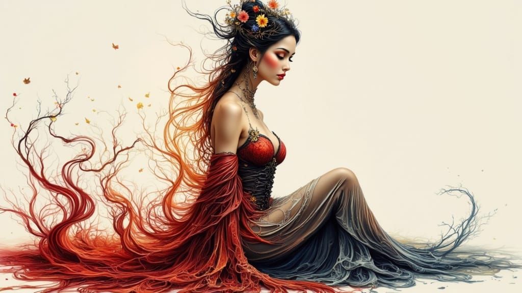 Ancient Dragon Woman in Silken Drapes, Watercolor Style