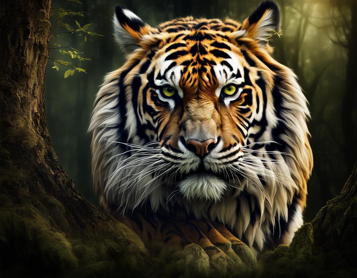 Eagle-Tiger Fusion Portrait in Fairy Tale Forest