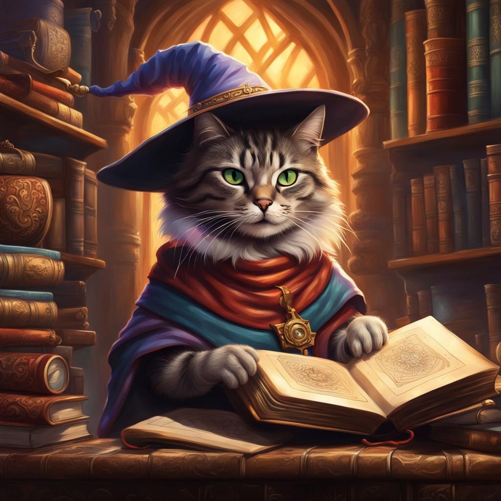 Wizard Cat Reading Spellbook with Levitating Tomes