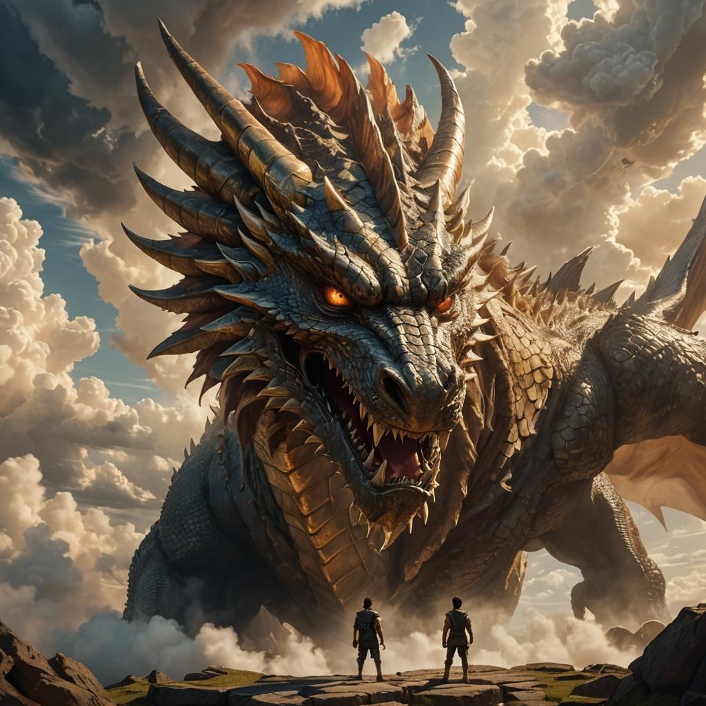 Man Confronts Dragon in Epic Fantasy Art