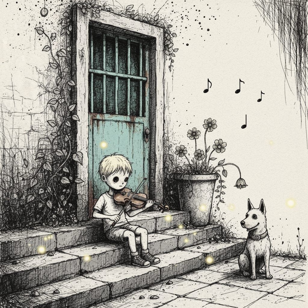 Whimsical Scratch Art Boy Plays Violin on Stone Steps