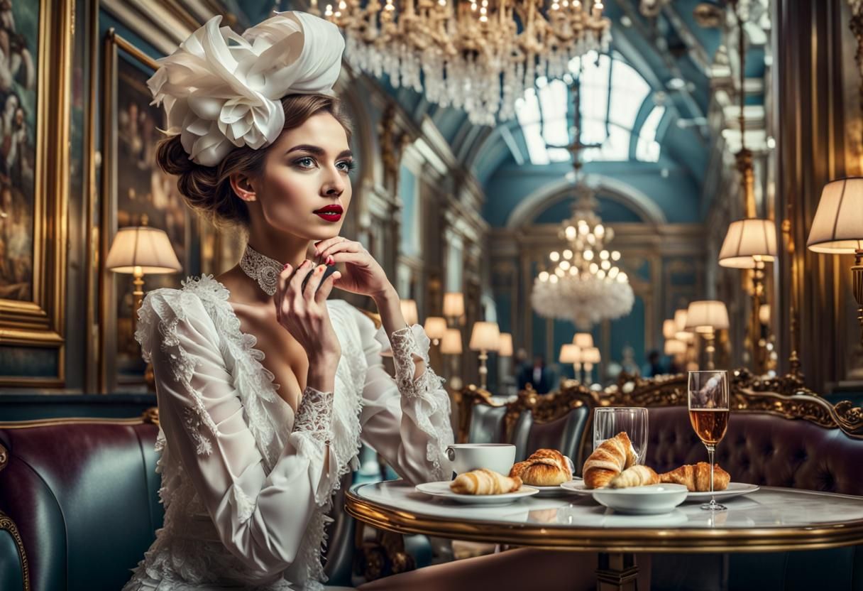 Women Enjoying Coffee and Croissants in Fancy Restaurant