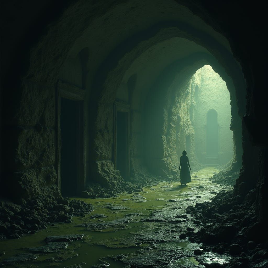 Gothic Landscape with Dark Stone Tunnel and Olive Slime Coat...