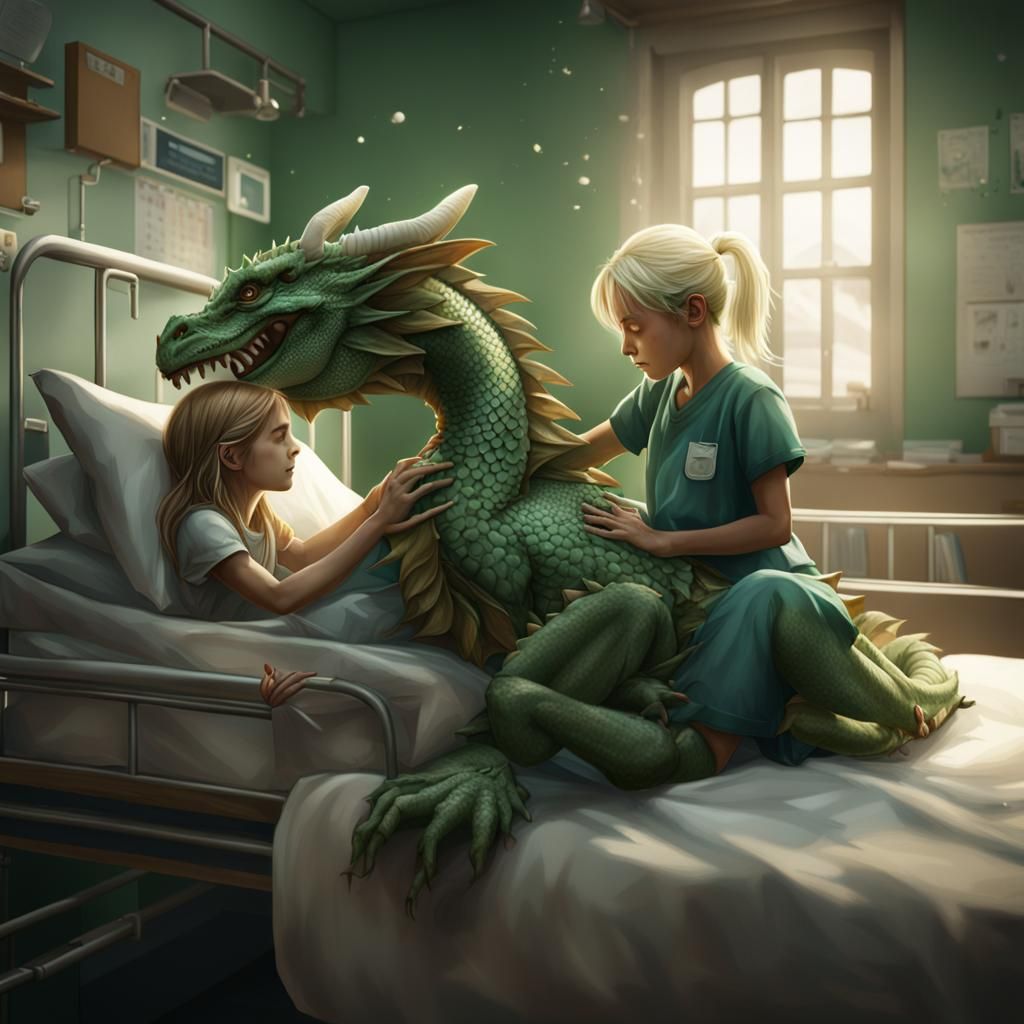 Green Dragon Comforting Girl: Fantasy Art