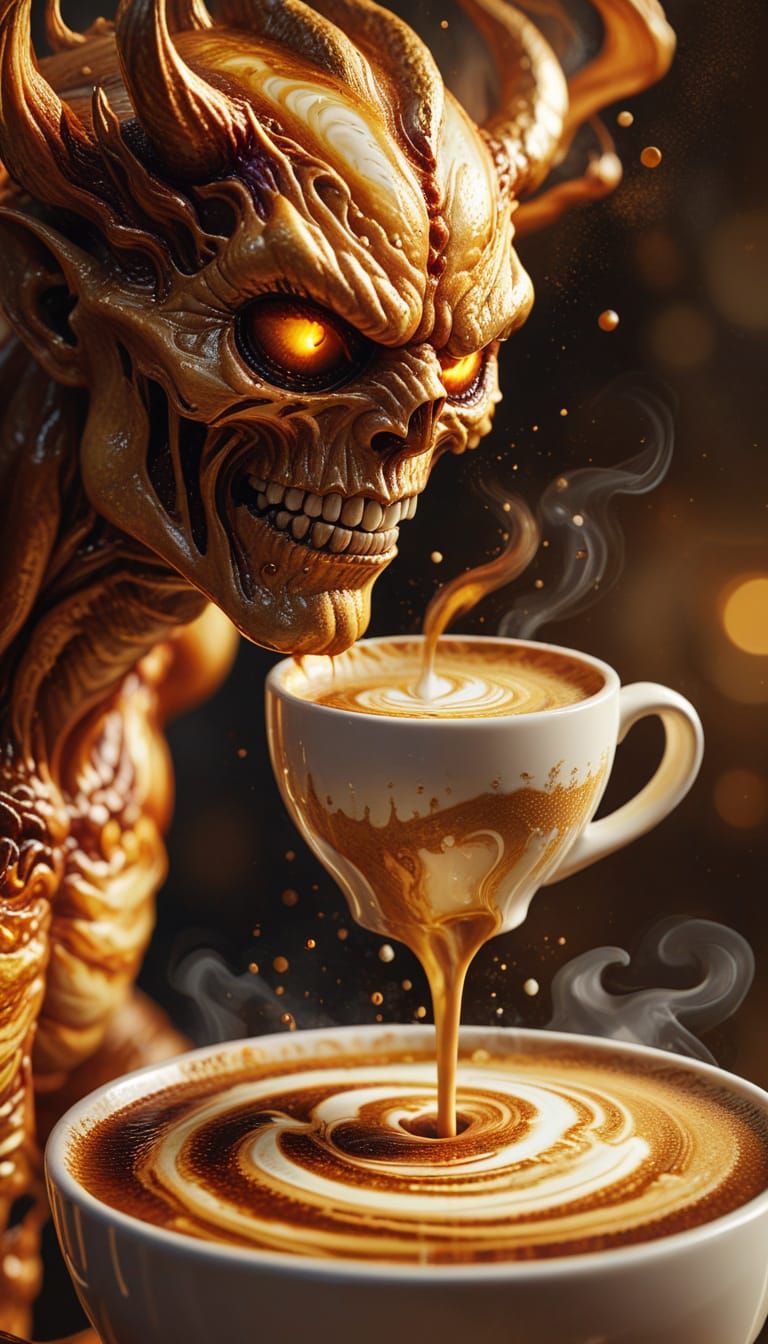 Surreal Coffee Demon Pouring Coffee with Cream Streaks