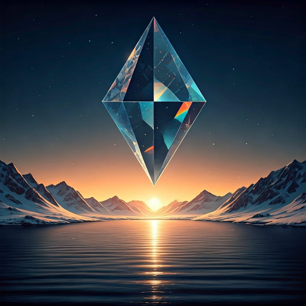 Crystal Prism Refracts Light Over Snowy Lake