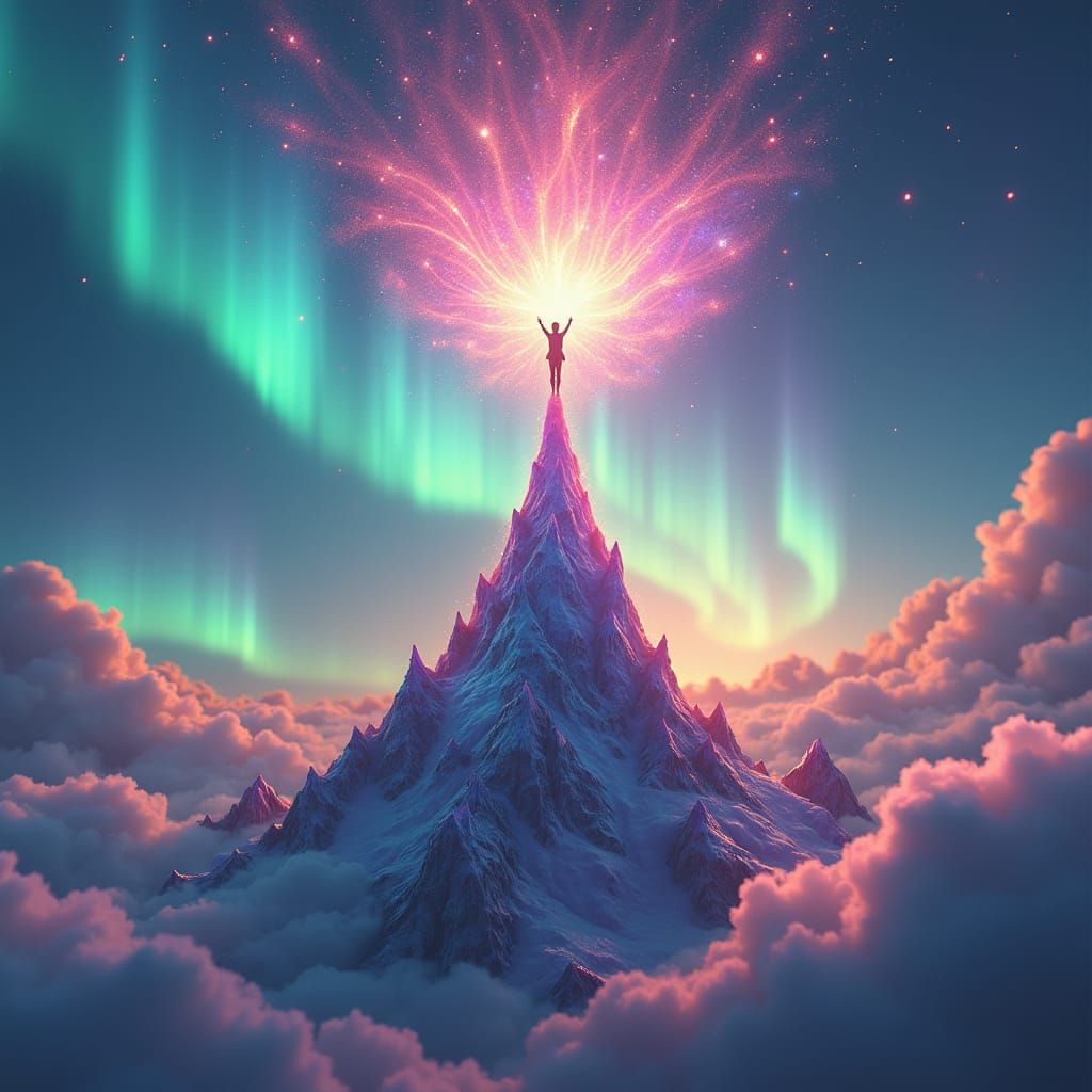 Triumphant Figure Basking in Success, Dreamlike Landscape