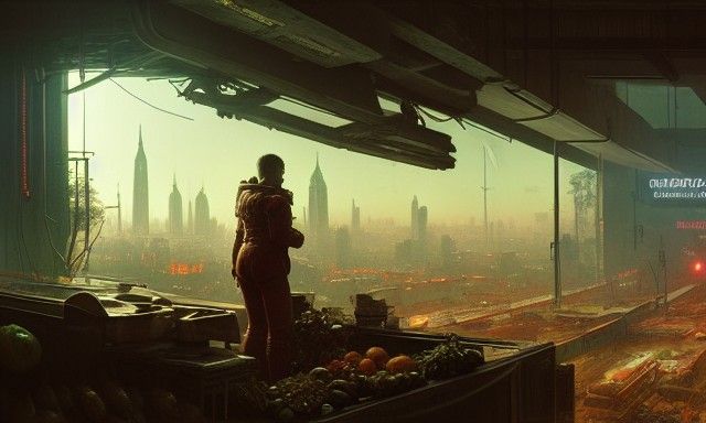 Cyberpunk Marketplace in Post-Apocalyptic Cityscape