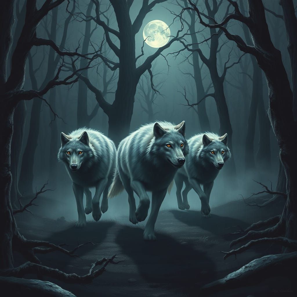 Gray Wolves Run Through a Haunting Forest Under a Full Moon