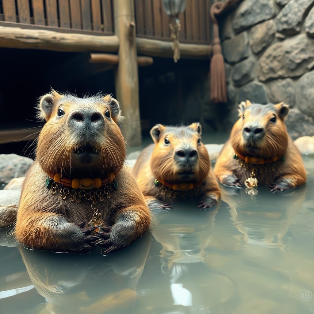 Capybaras Soak in Japanese Onsen, Adorned with Sparkling Jew...