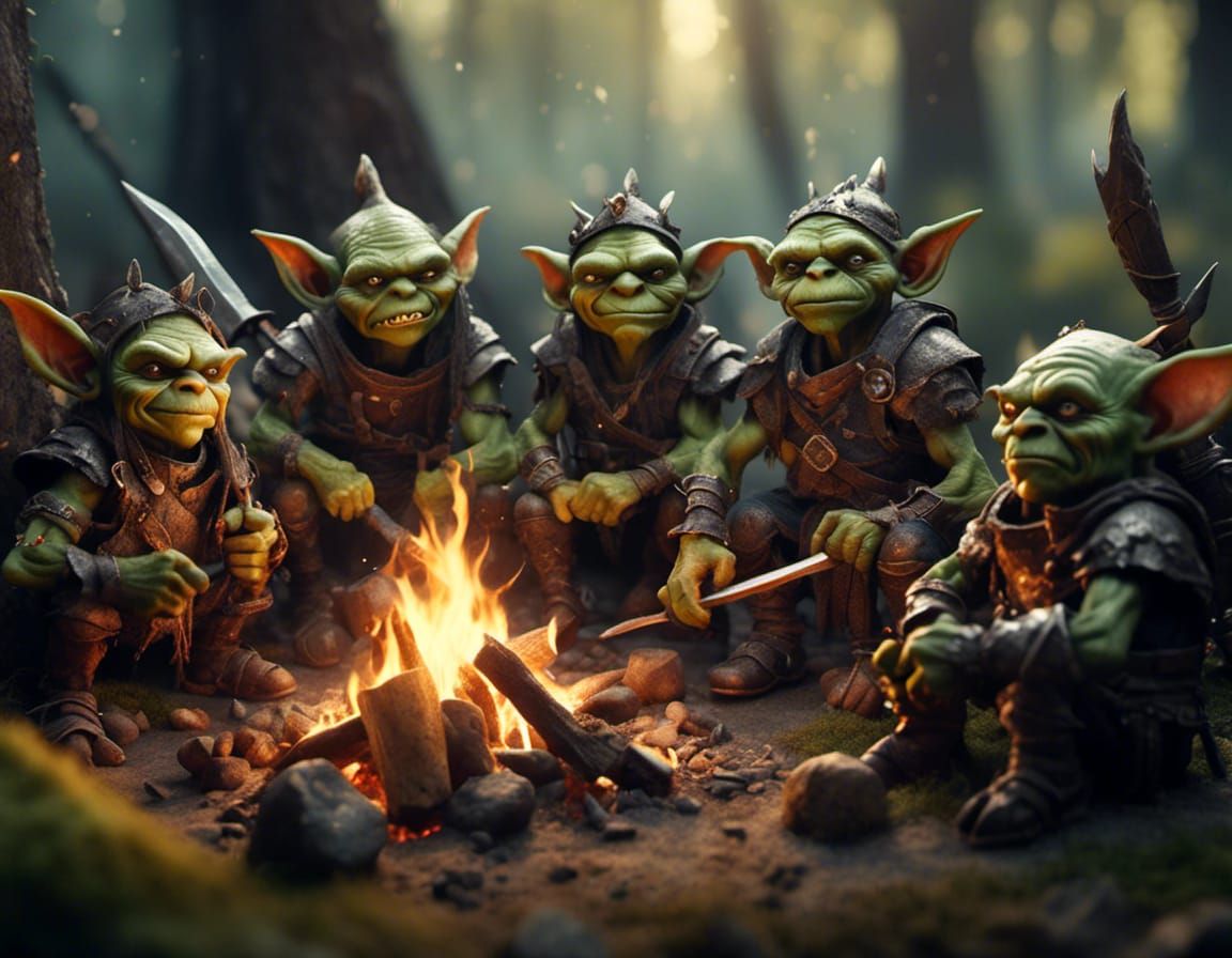 Fierce Goblin Warriors Around Campfire in Hyperreal Detail