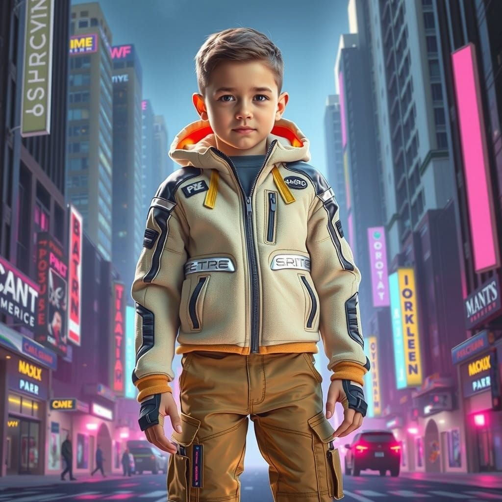 Young Boy in Cyberpunk Cityscape, Inspired by Frutiger-Aero....