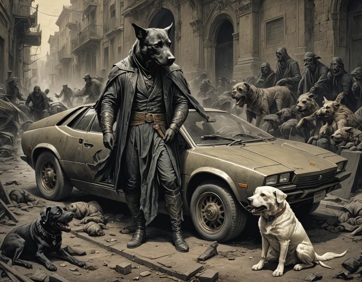 Haunting Lambo and Dog Scene in Gustave Doré Style
