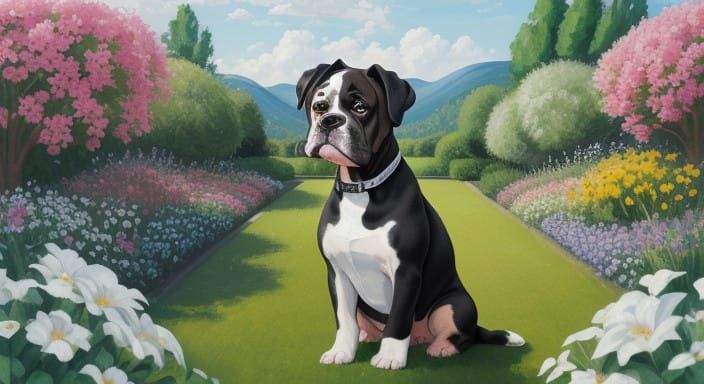 Playful Black and White Hound Dog in Whimsical Backyard Scen...