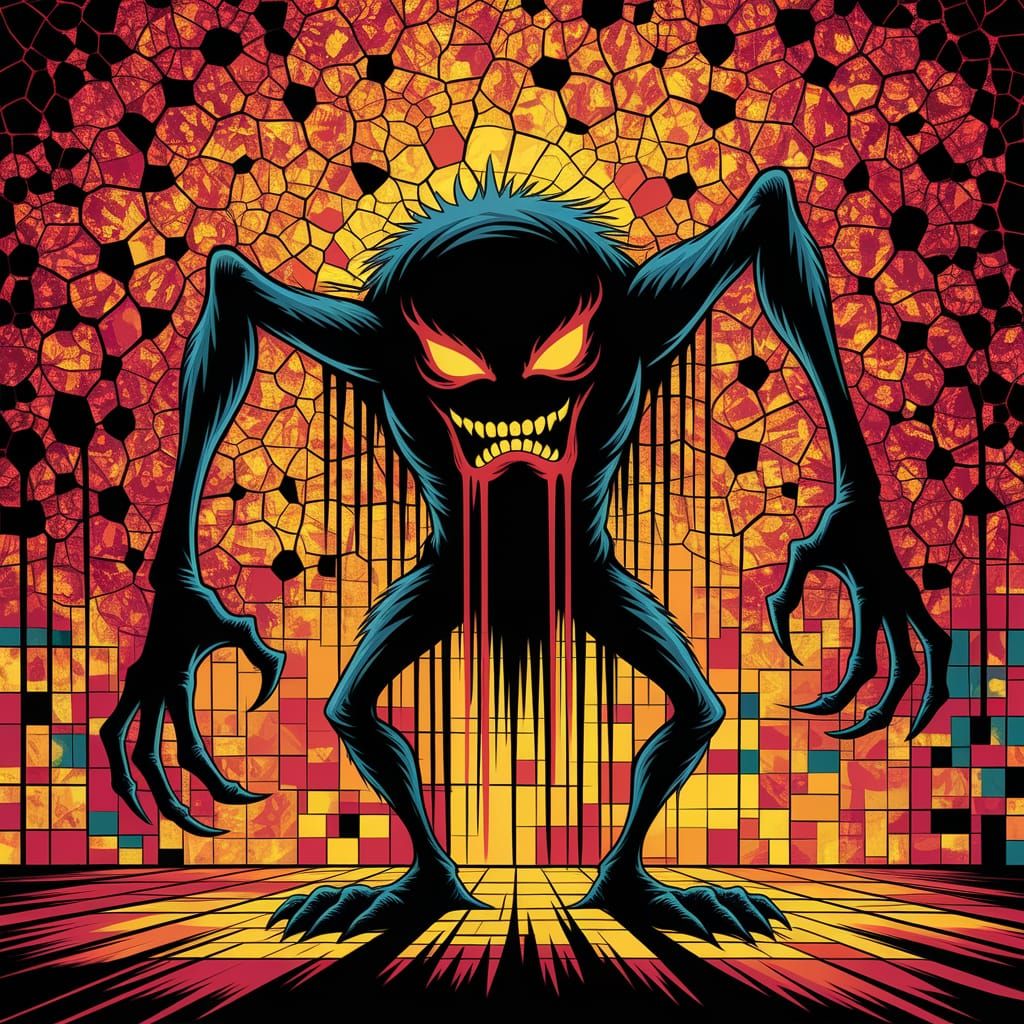 Ethereal Monster Unveiled in Vibrant Drip Painting