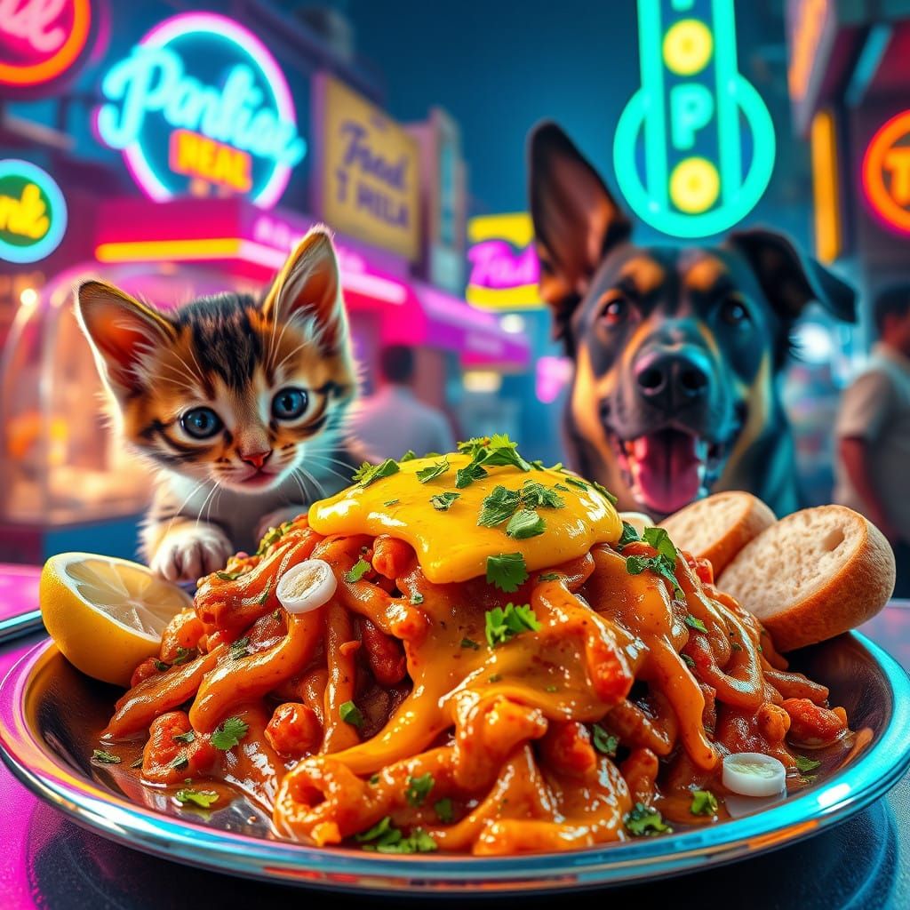 Vibrant Pav Bhaji Street Food Scene with Sneaking Pets