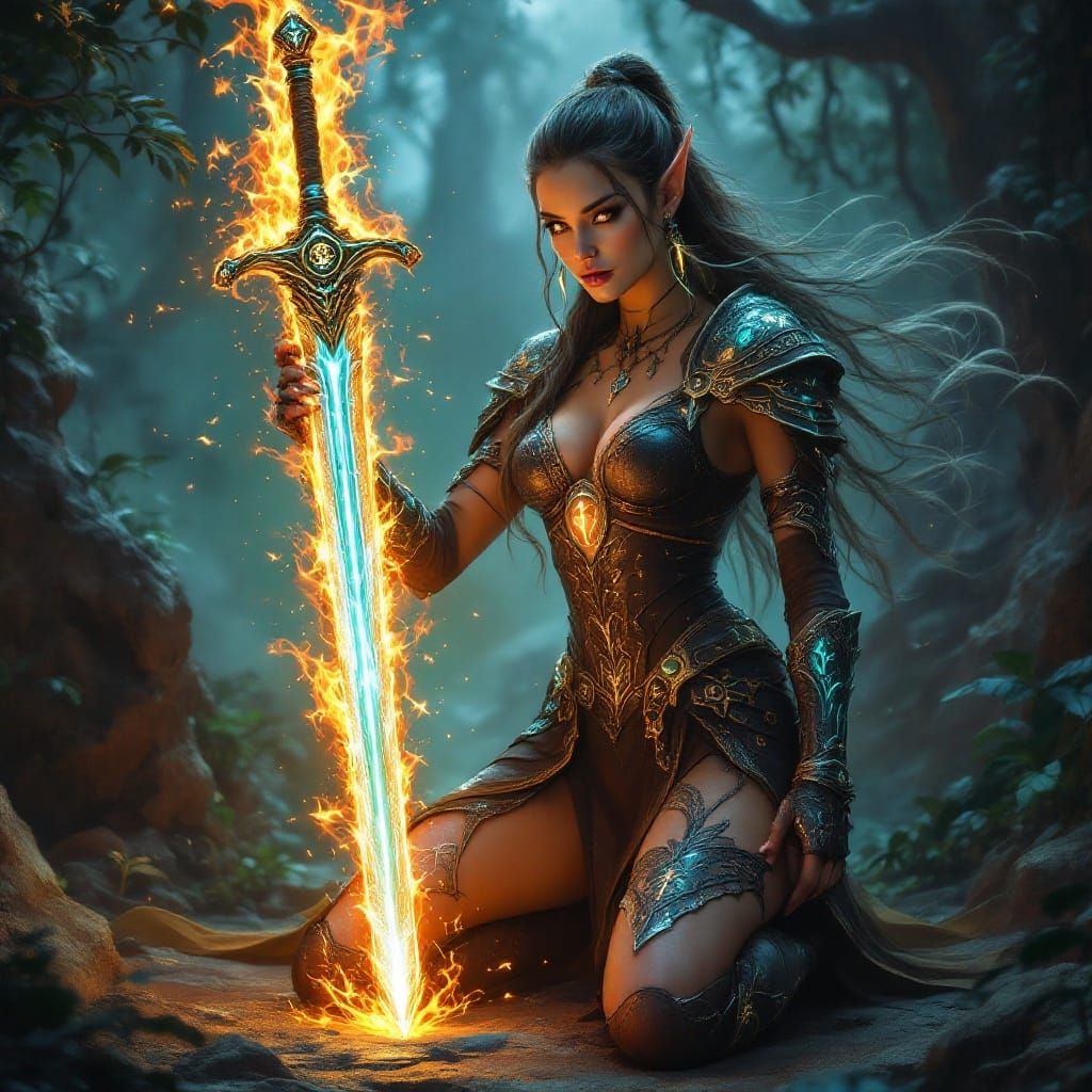 Elven Warrior with Flaming Sword in Jungle Forest
