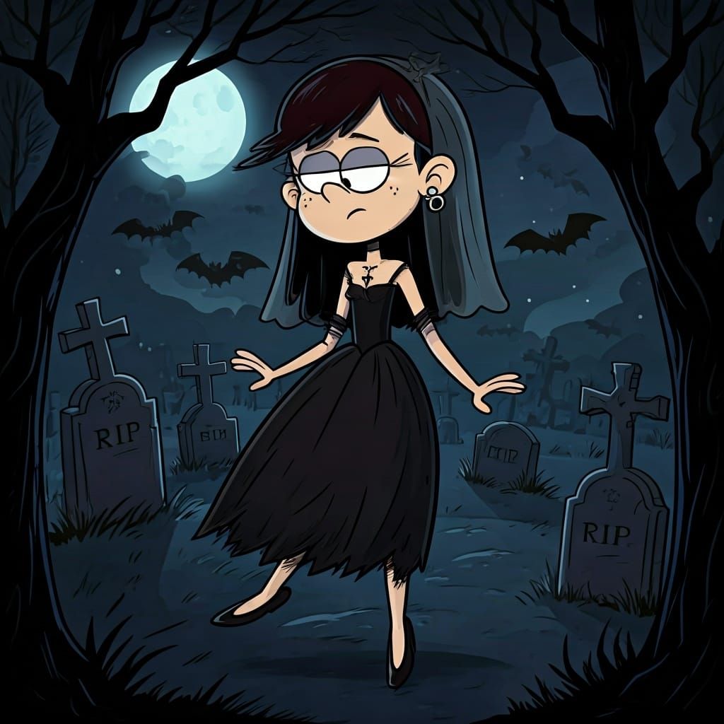 Picture Lucy Loud from The Loud House as a gothic fairy, flitting through a moonlit graveyard filled with tombstones and...