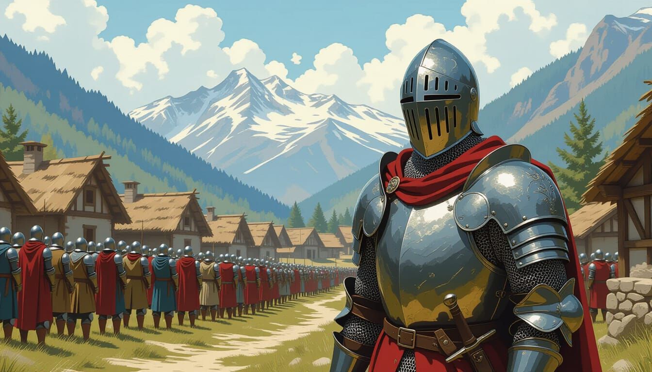 Friendly Knight in Medieval Village, Rustic Art Style