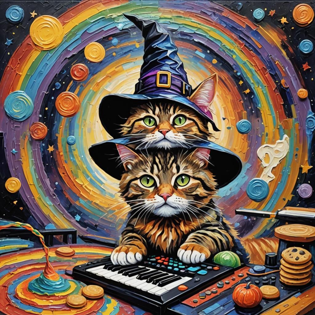 Rainbow Tabby Cat Plays Synthesizer as Oil Painting
