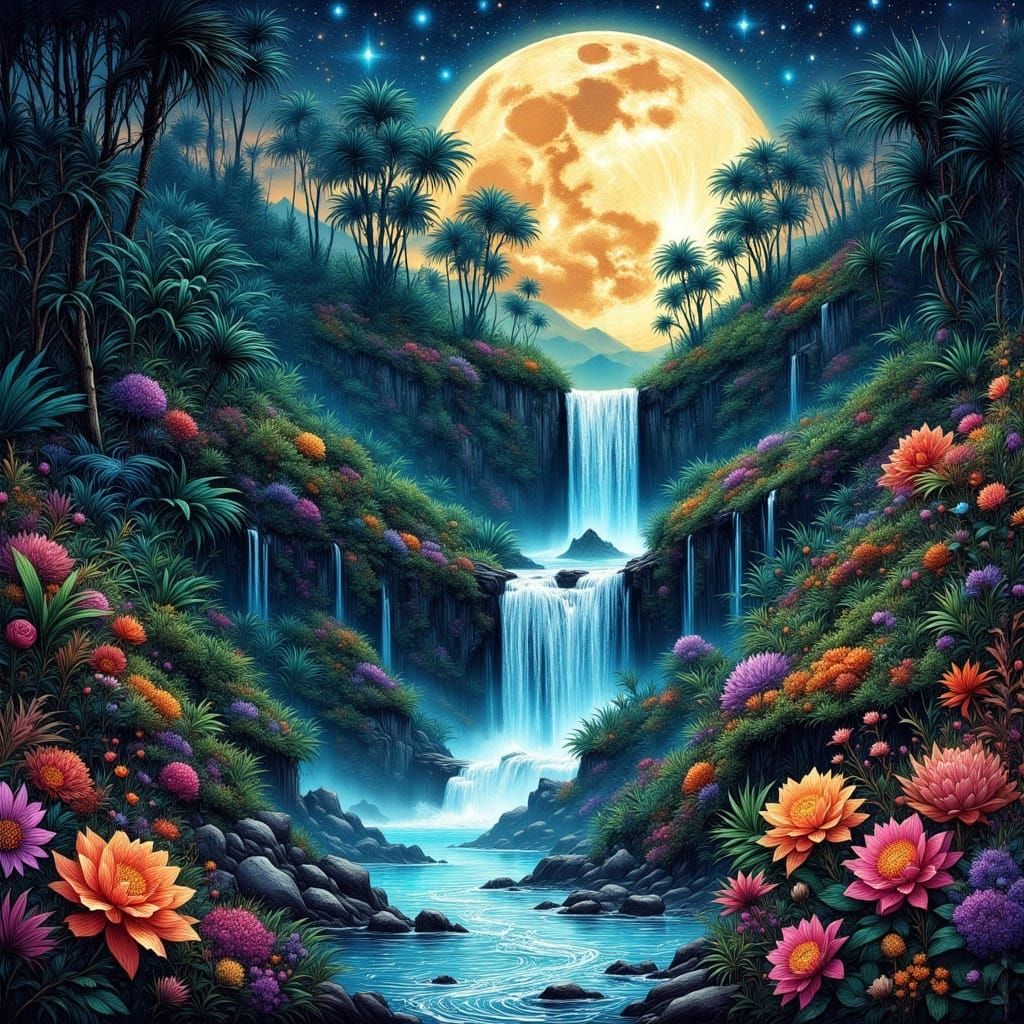 Hawaiian Waterfall Under Moonlight in Digital Art Style