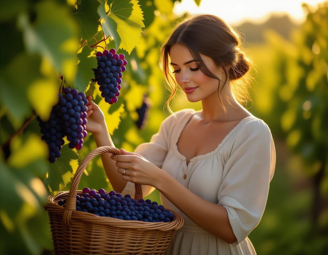 Peasant Woman Picks Grapes in Golden Hour Vineyard