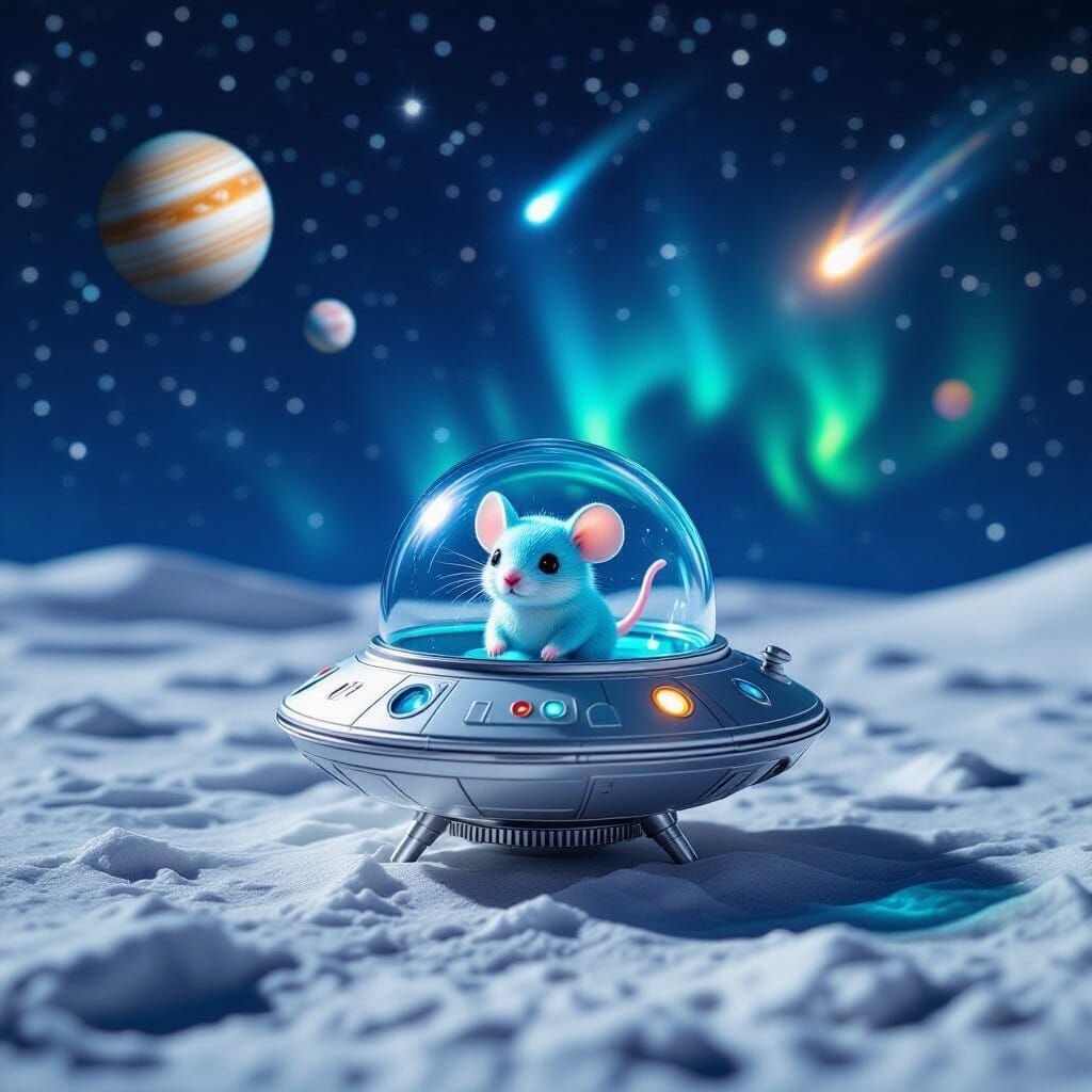 Miniature Alien Spaceship with Aqua Mouse on Moon Surface