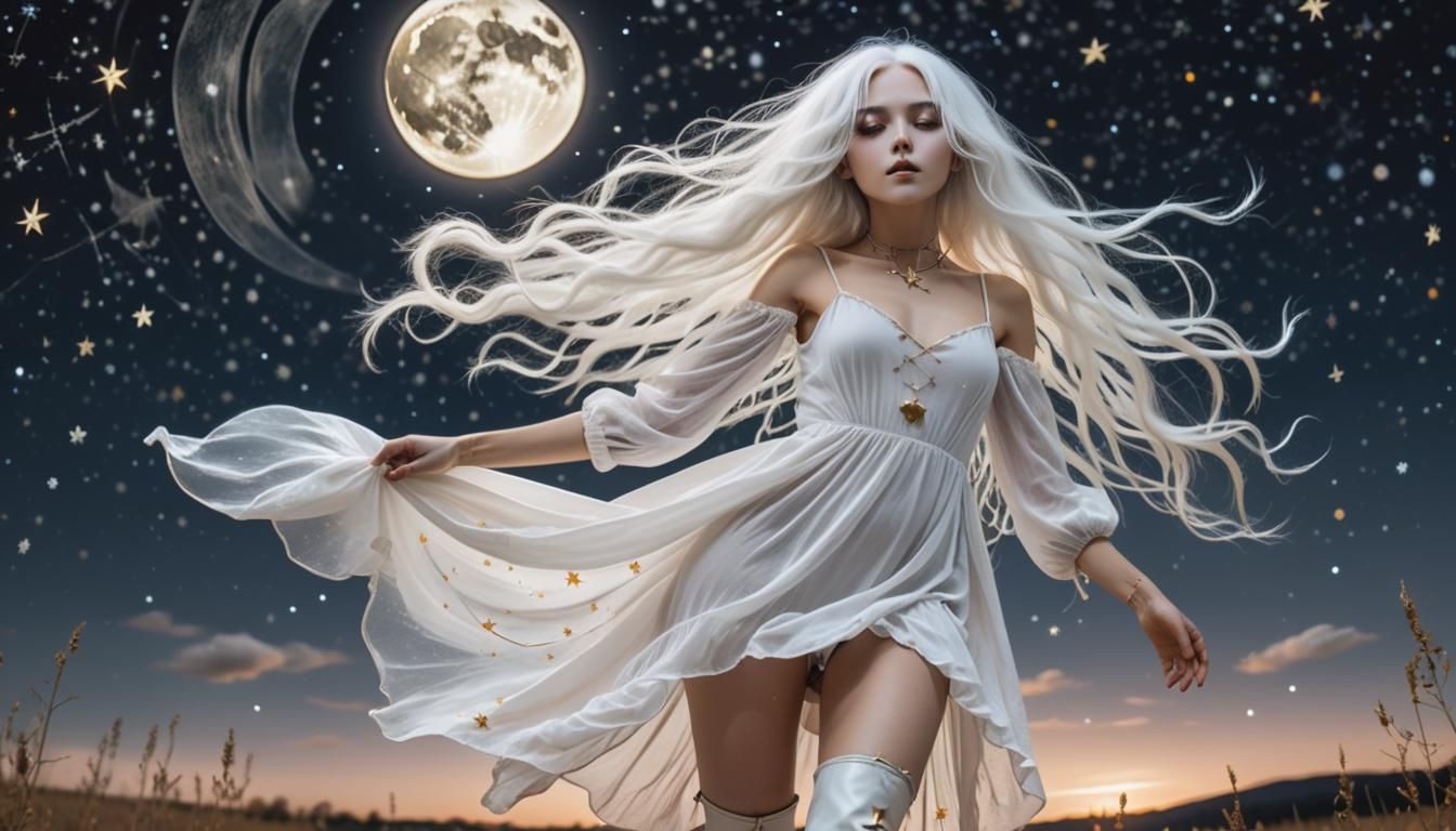 Ethereal White-Haired Witch Under Harvest Moon, Watercolor