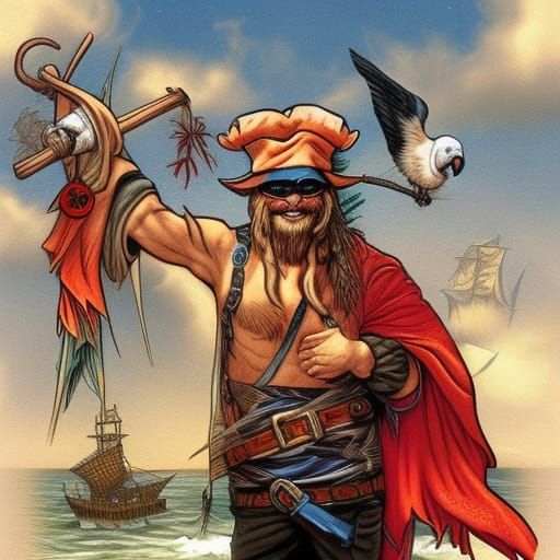 Pirate with Scurvy and Parrot, Comic Book Art