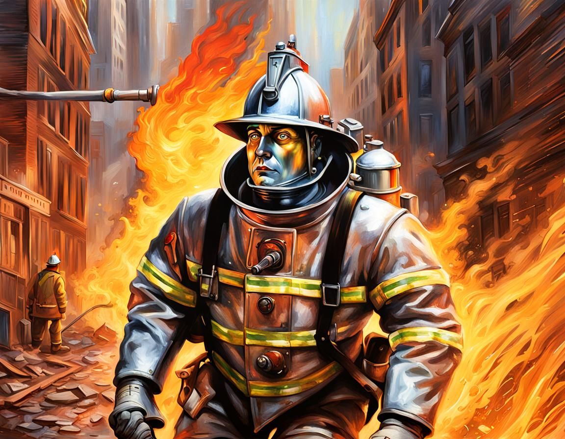 Tin Man as Firefighter in Hyperrealistic Splash Art