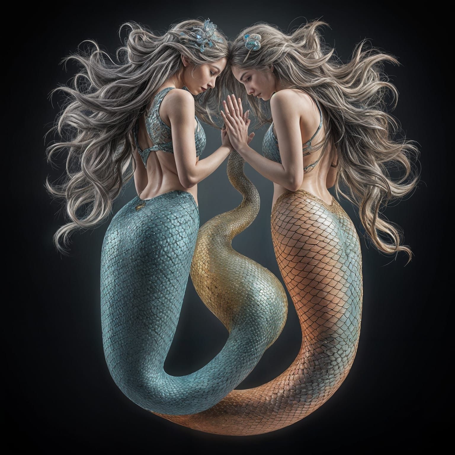 Ethereal Mermaid Sisters in Hyperrealistic Yin Yang Harmony