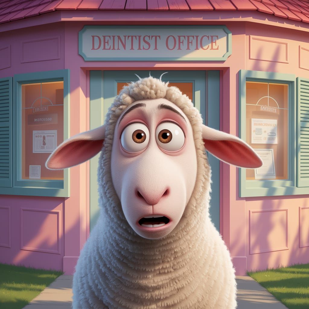 Nervous Sheep at Dentist Office in Pixar Style