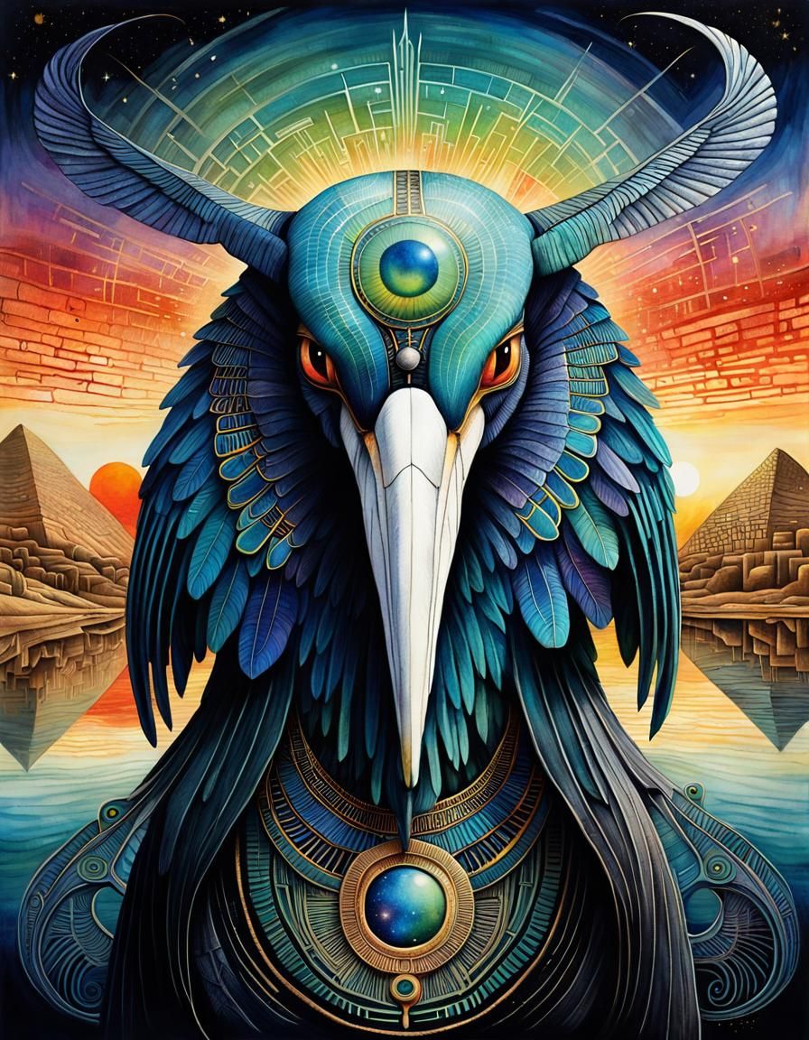Thoth, God of Knowledge, in Mixed Media Illustration