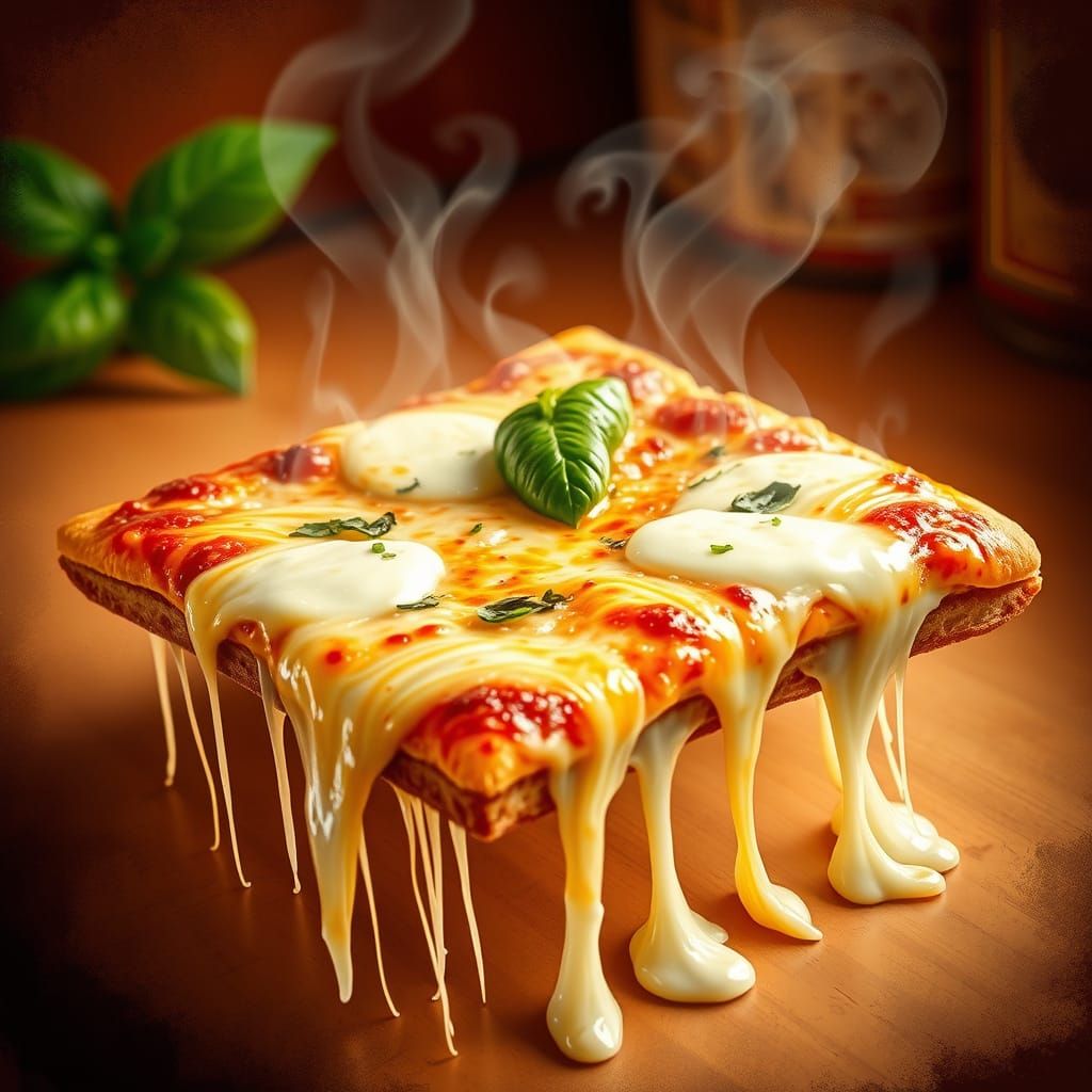 Vibrant Square Pizza Slice in Textured Digital Art