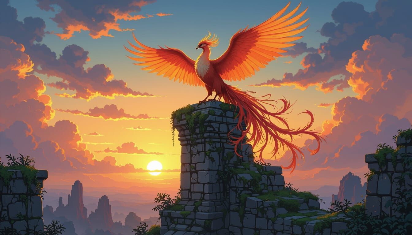 Majestic Phoenix on Ancient Ruin at Twilight