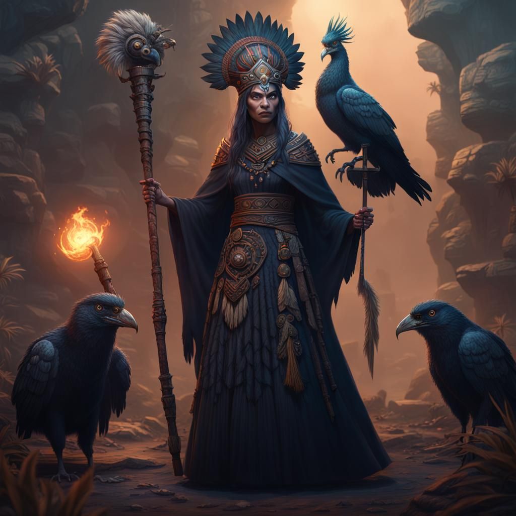 Aztec Witch with Bird Staff: Fantasy Concept Art