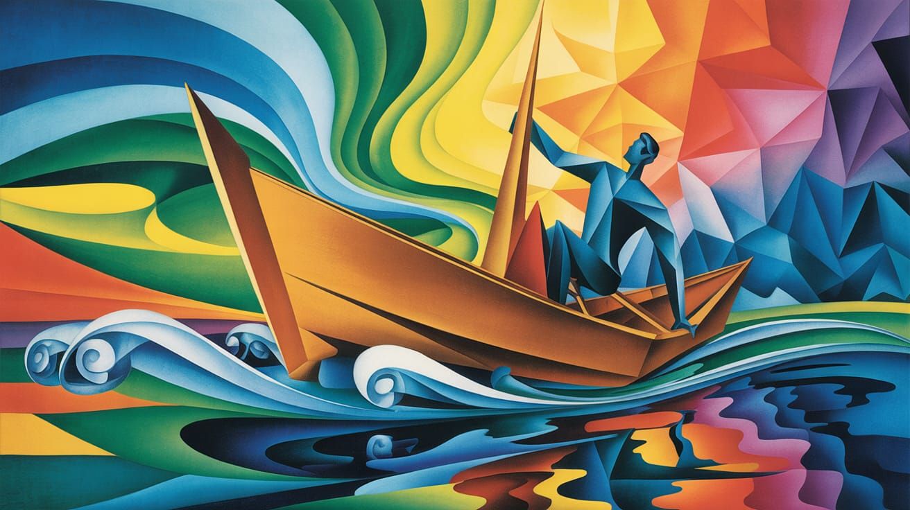 Origami Man's Boat Struggle: Surreal Watercolor Painting