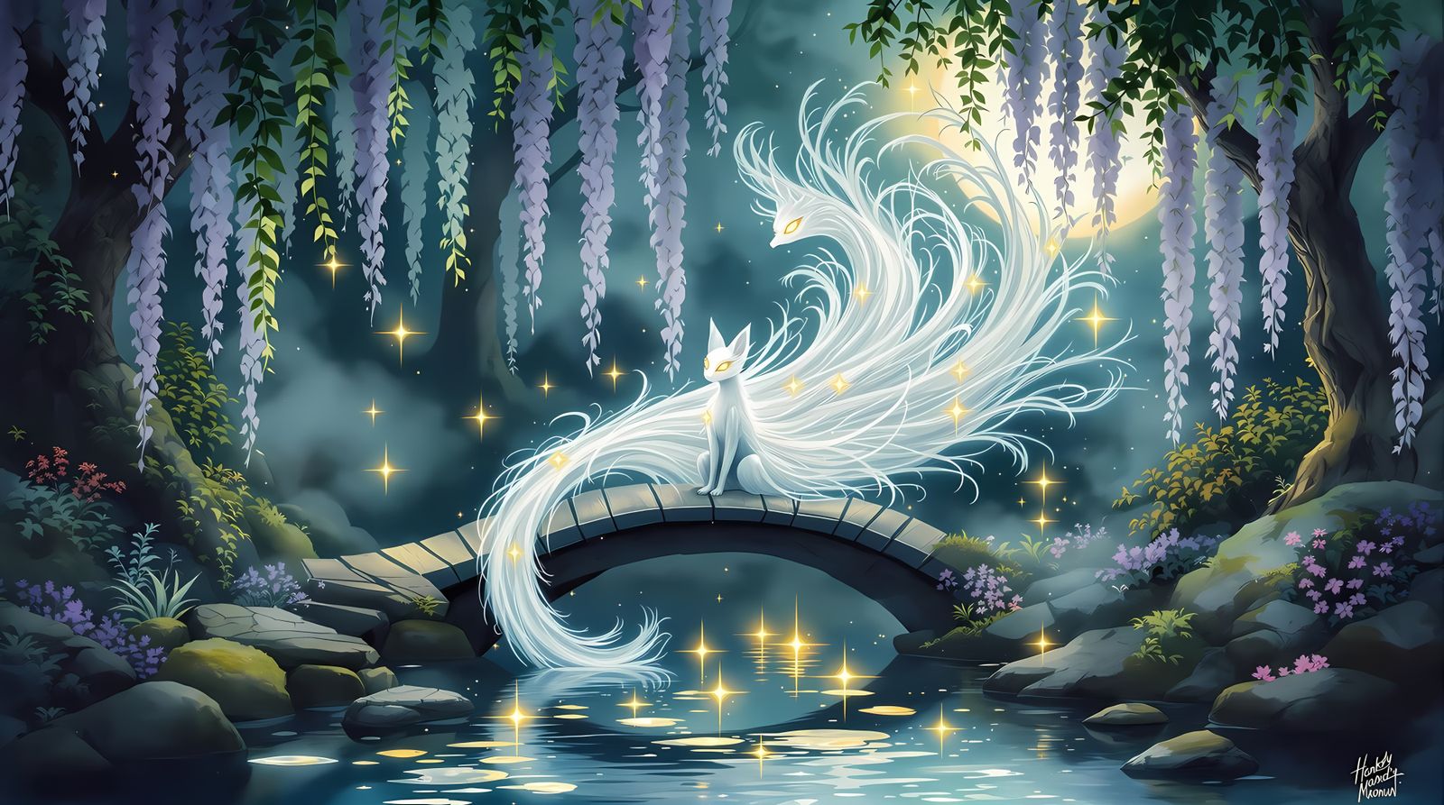 Surreal Moonlit Garden Scene with Regal Kitsune Spirit