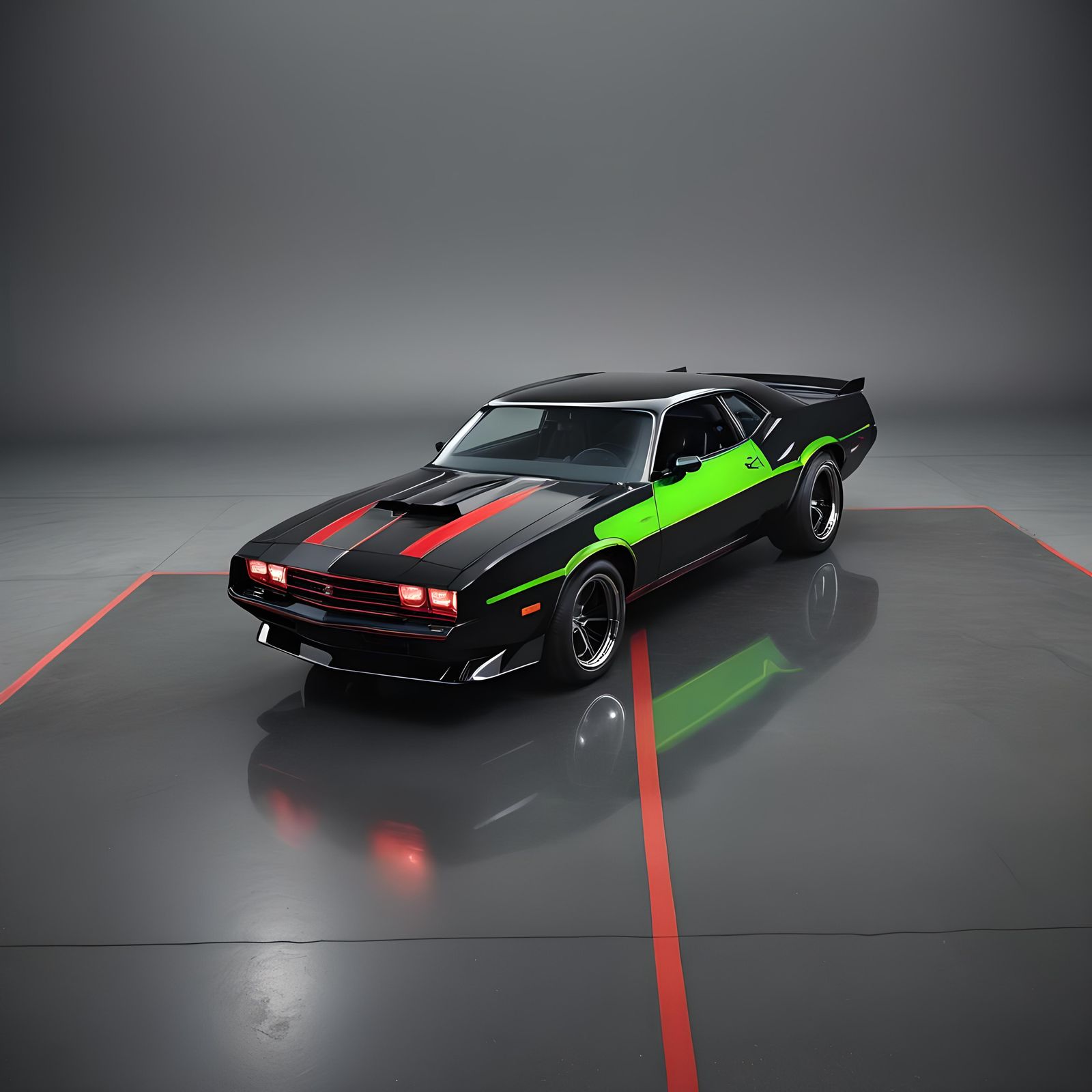 Red and Black 80s Muscle Car in Matte Painting Style