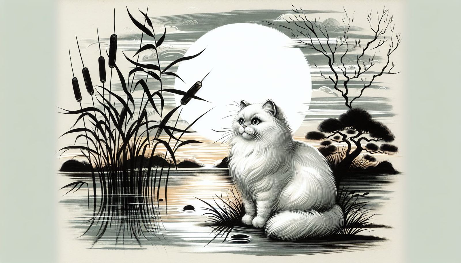 White Cat Contemplation in Japanese Ink Style