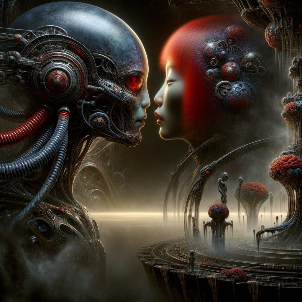 Alien and Woman Kiss in Dark Surrealist Landscape